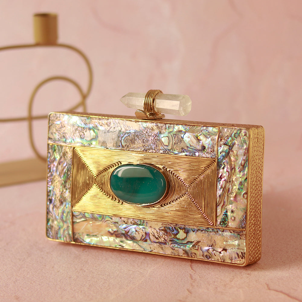 THE TAN CLAN Sahiba Golden Embellished Brass Clutch
