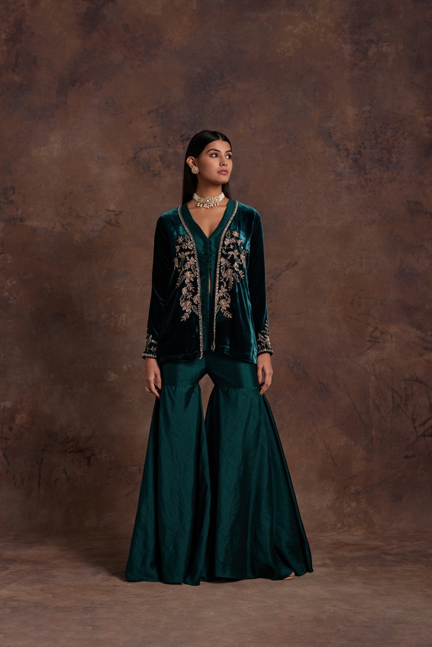 Green Velvet Jacket With Silk Peplum And Sharara