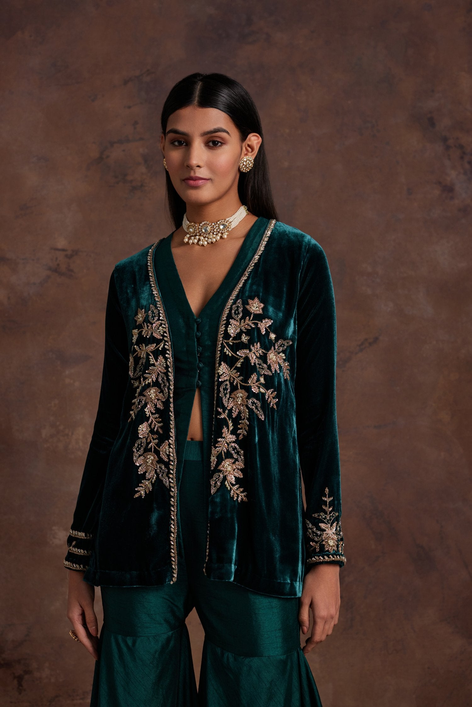 Green Velvet Jacket With Silk Peplum And Sharara