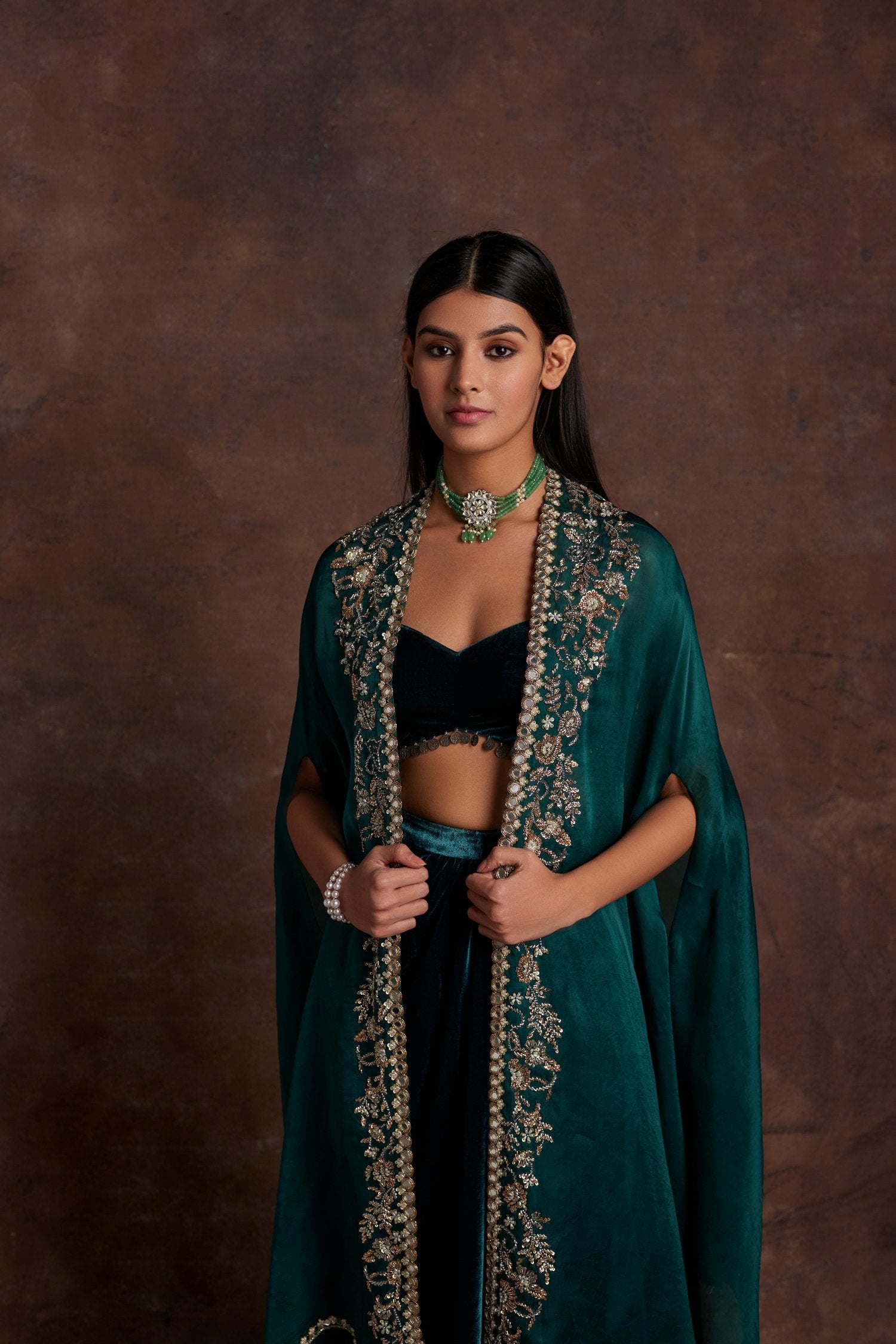 Green Velvet Drape Skirt Bustier And Organza Cape