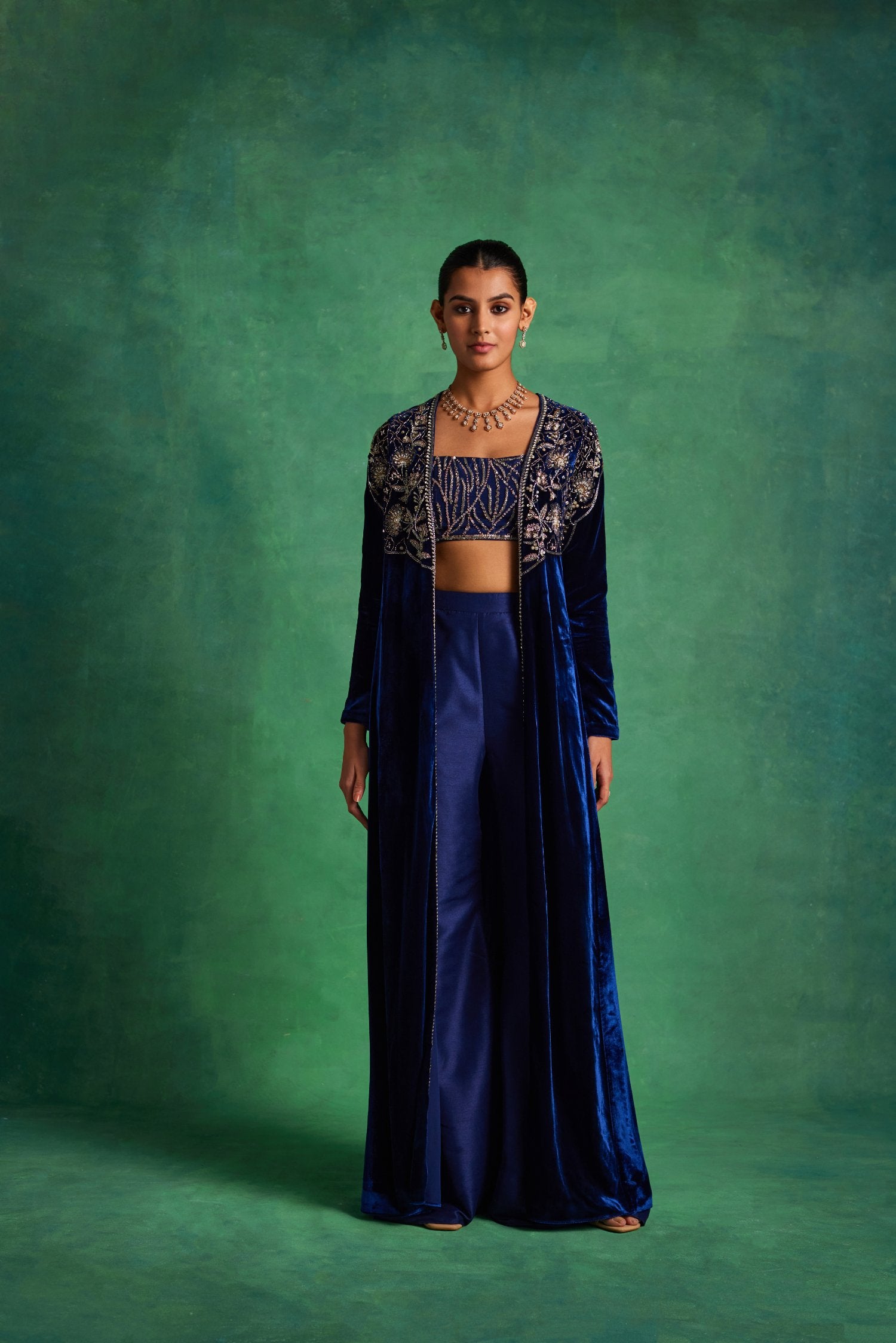 Blue Velvet Long Jacket With Bustier And Pants