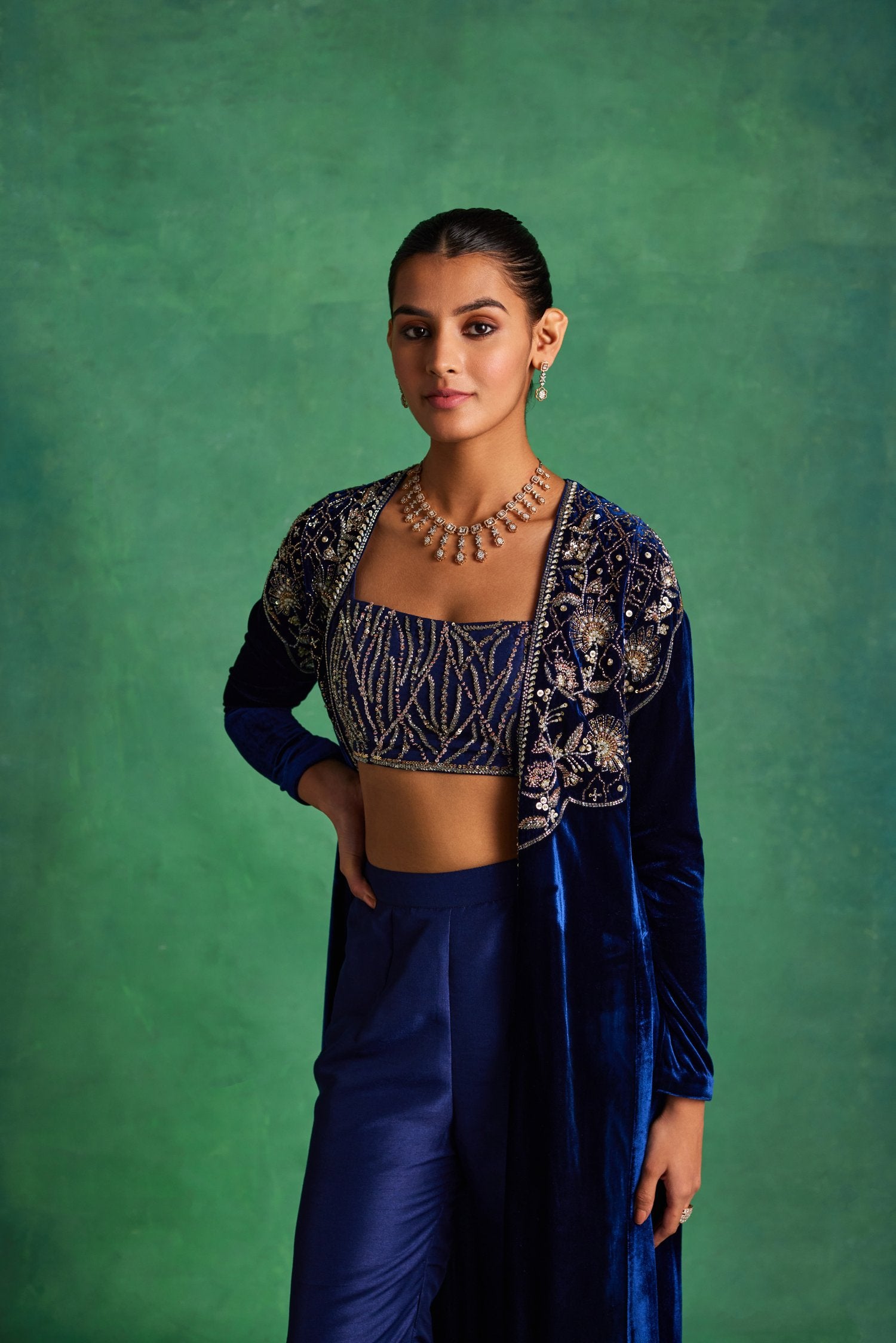 Blue Velvet Long Jacket With Bustier And Pants