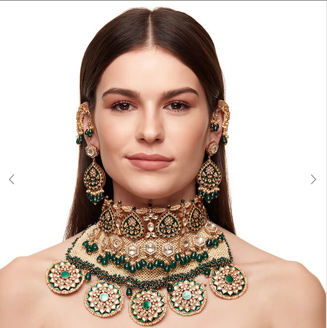 Green Meenakari And Pearl Jaal Bridal Set