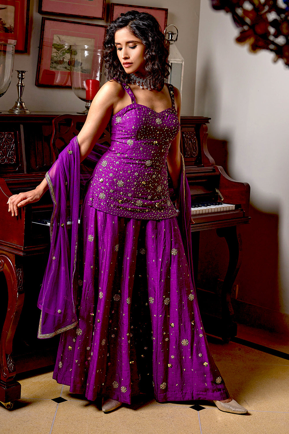 Sassy Sharara Set Handembroidered in Purple Color