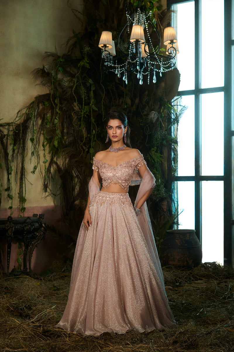 Rose Pink Lehenga, Off Shoulder Blouse And Dupatta