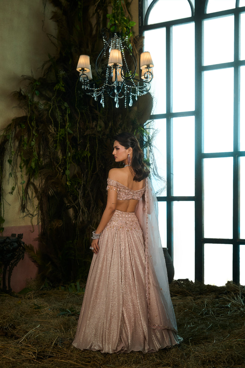 Rose Pink Lehenga, Off Shoulder Blouse And Dupatta
