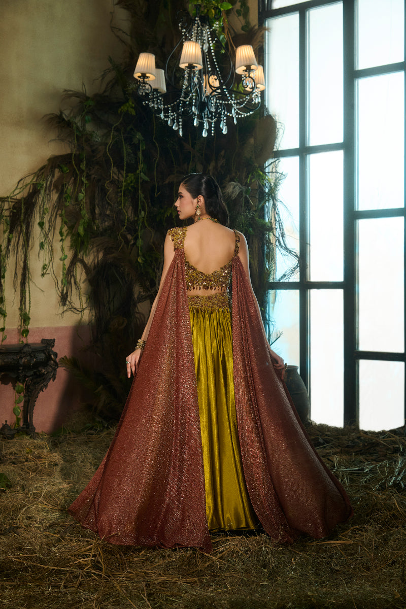 Olive Green And Maroon Lehenga, Blouse And Wings