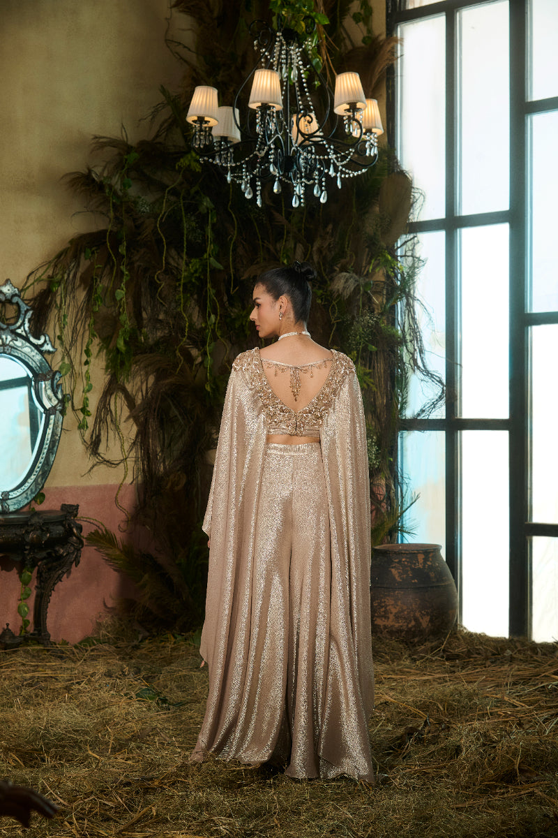 Gold Top With Kaftan Sleeves and Sharara Pants