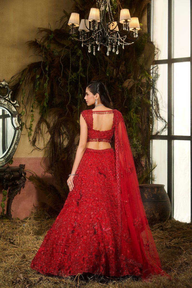 Red Embellished Lehenga, Blouse And Dupatta