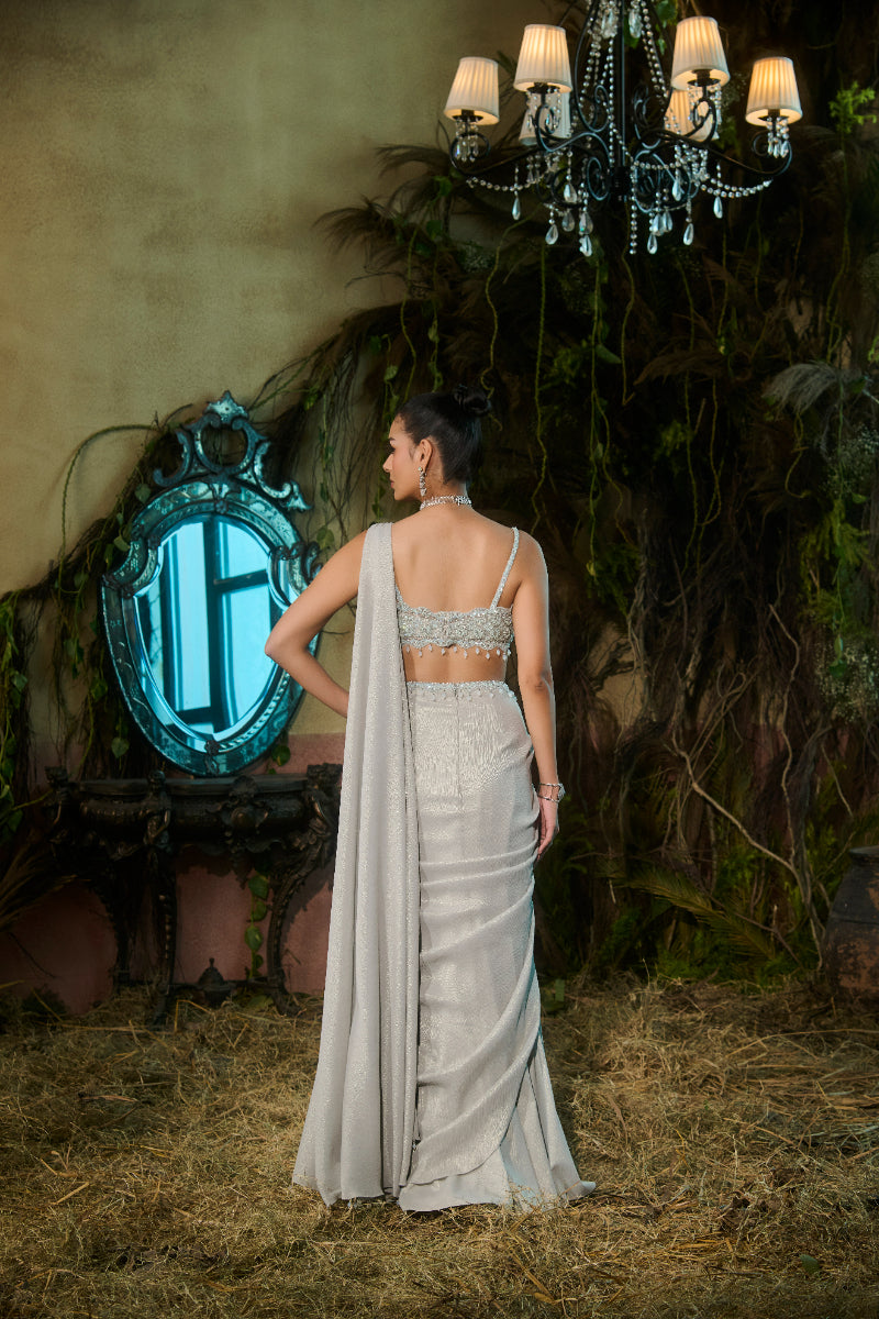 Powder Blue Metallic Saree With Crystal Embroidered Blouse