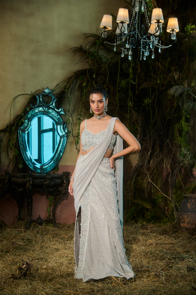 Powder Blue Metallic Saree With Crystal Embroidered Blouse