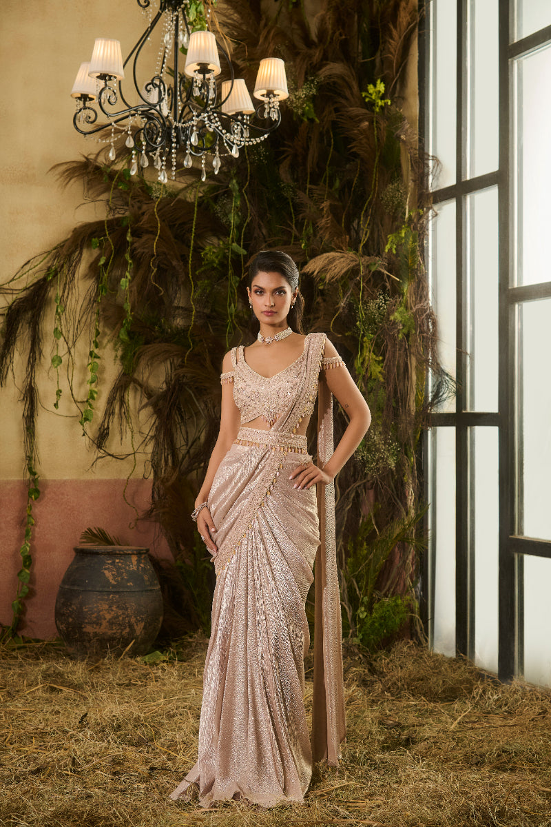 Rose Pink Draped Saree, Blouse And Belt