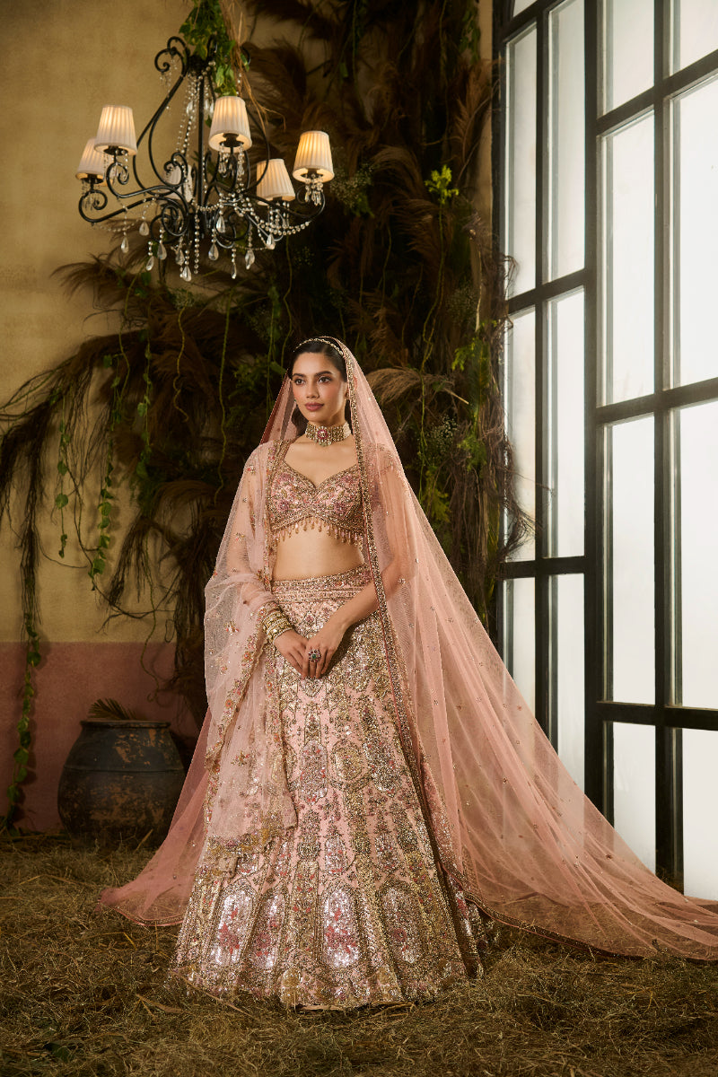 Peach Gold Bridal Lehenga With Blouse, Dupatta And Veil