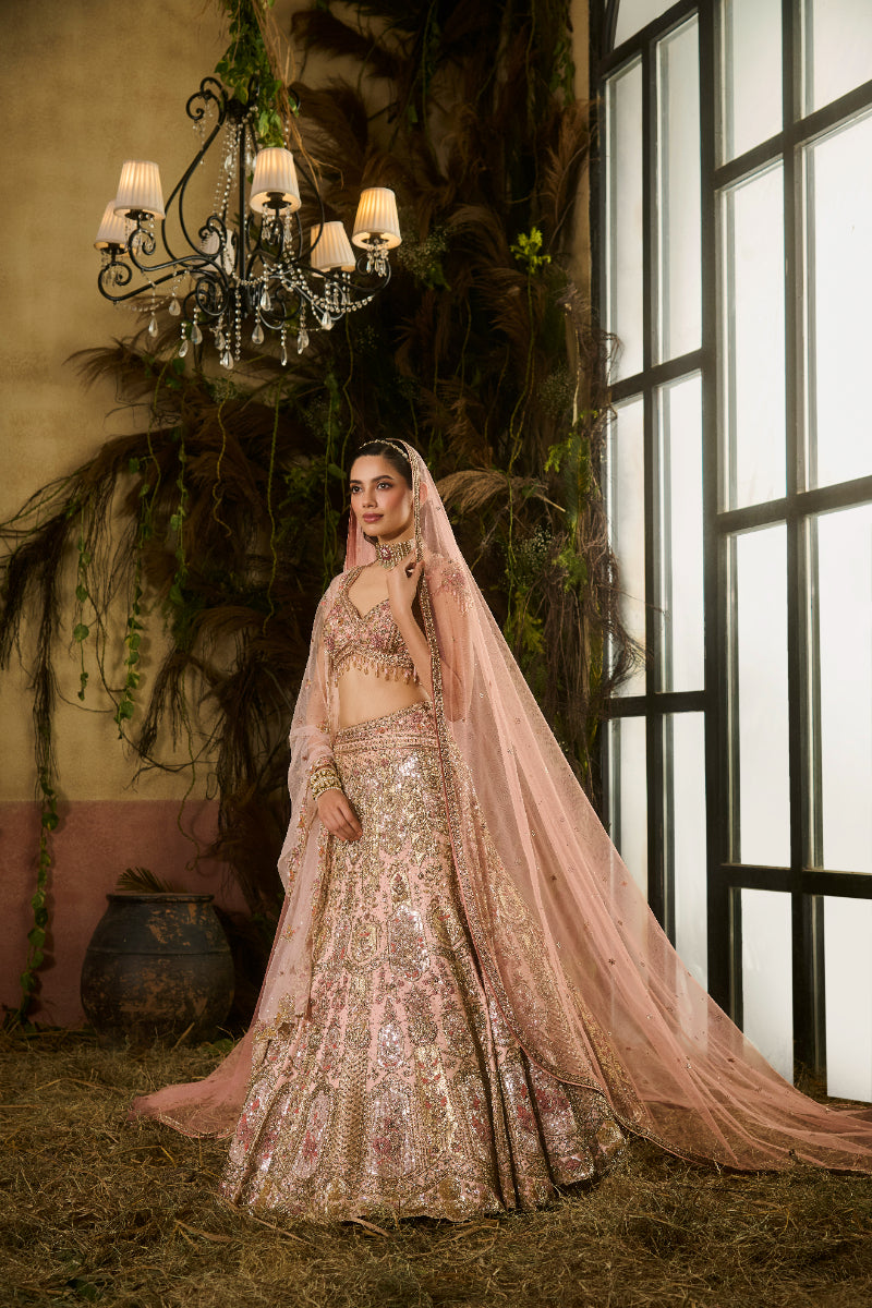 Peach Gold Bridal Lehenga With Blouse, Dupatta And Veil AGASHE Peach Gold Bridal Lehenga With Blouse, Dupatta And Veil AGASHE