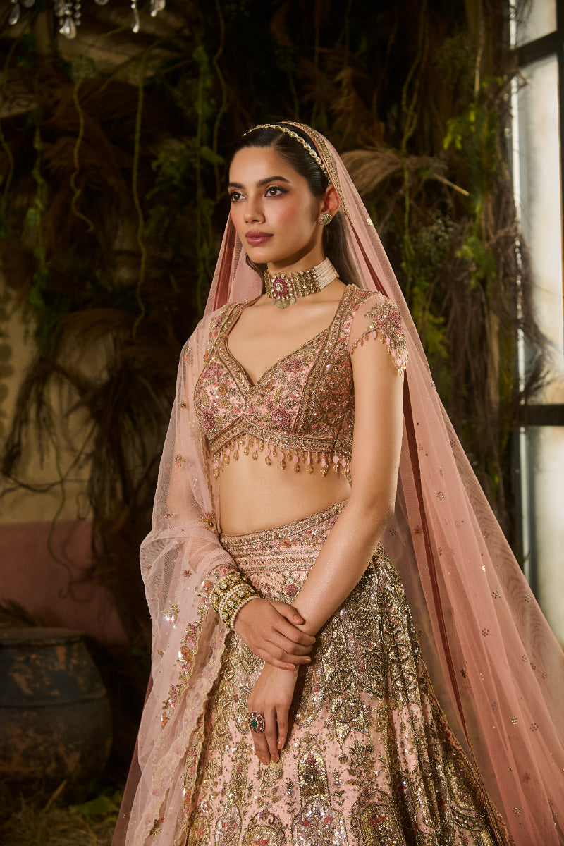 Peach Gold Bridal Lehenga With Blouse, Dupatta And Veil AGASHE Peach Gold Bridal Lehenga With Blouse, Dupatta And Veil AGASHE