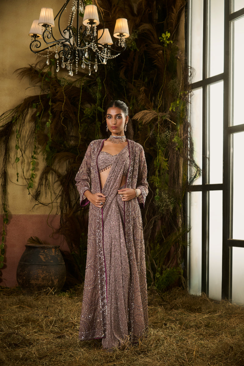 Metallic Grey Saree, Blouse And Long Embroidered Jacket