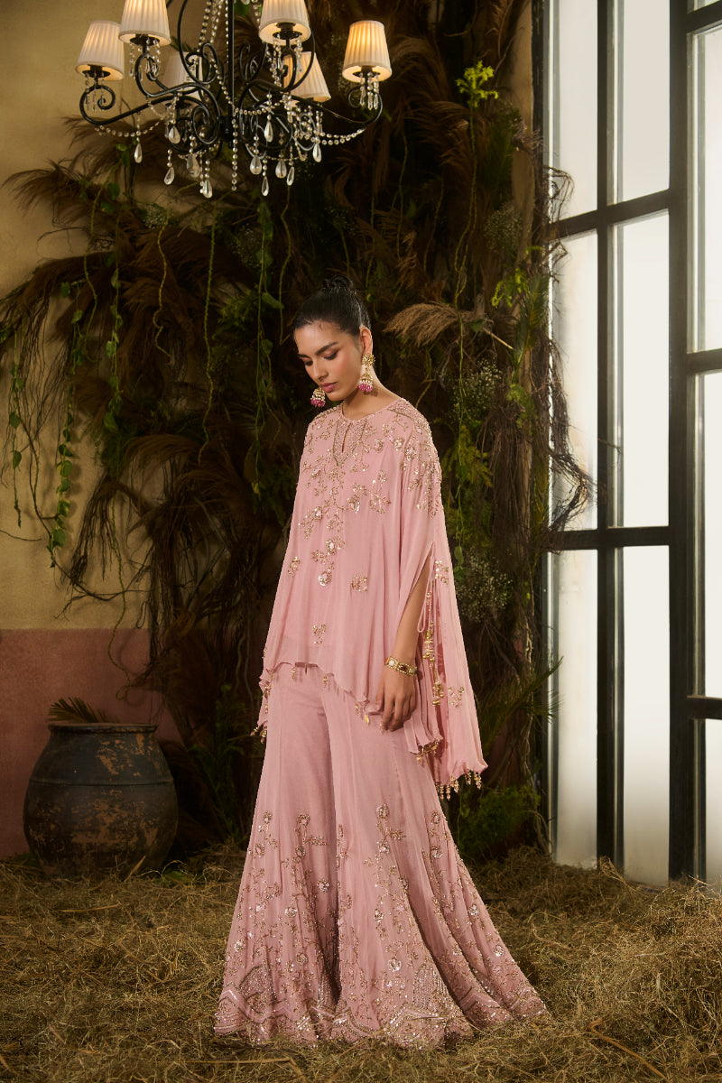 Embroidered Sharara, Short Cape Kurti, Slip