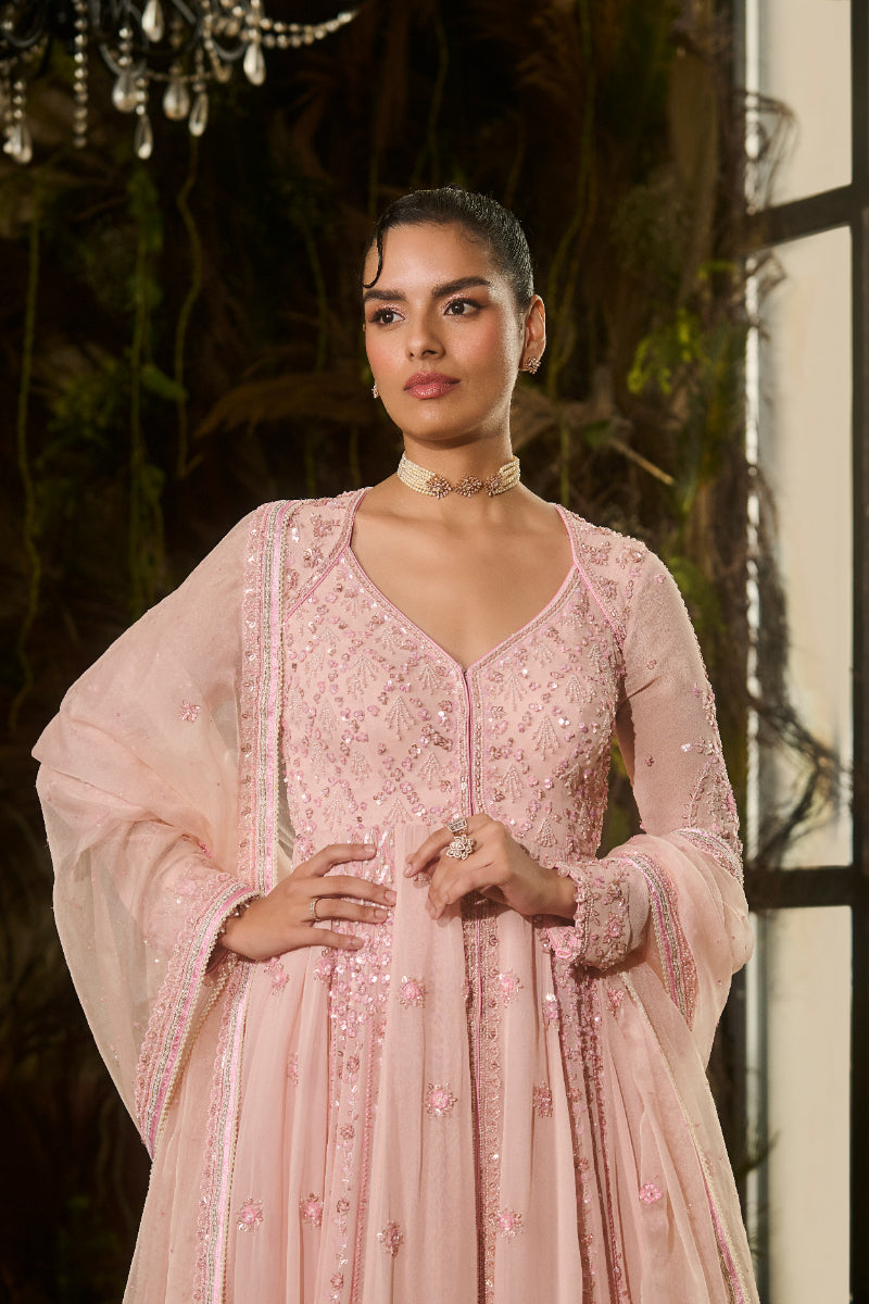 Pink Embroidered Anarkali, Dupatta, Pants