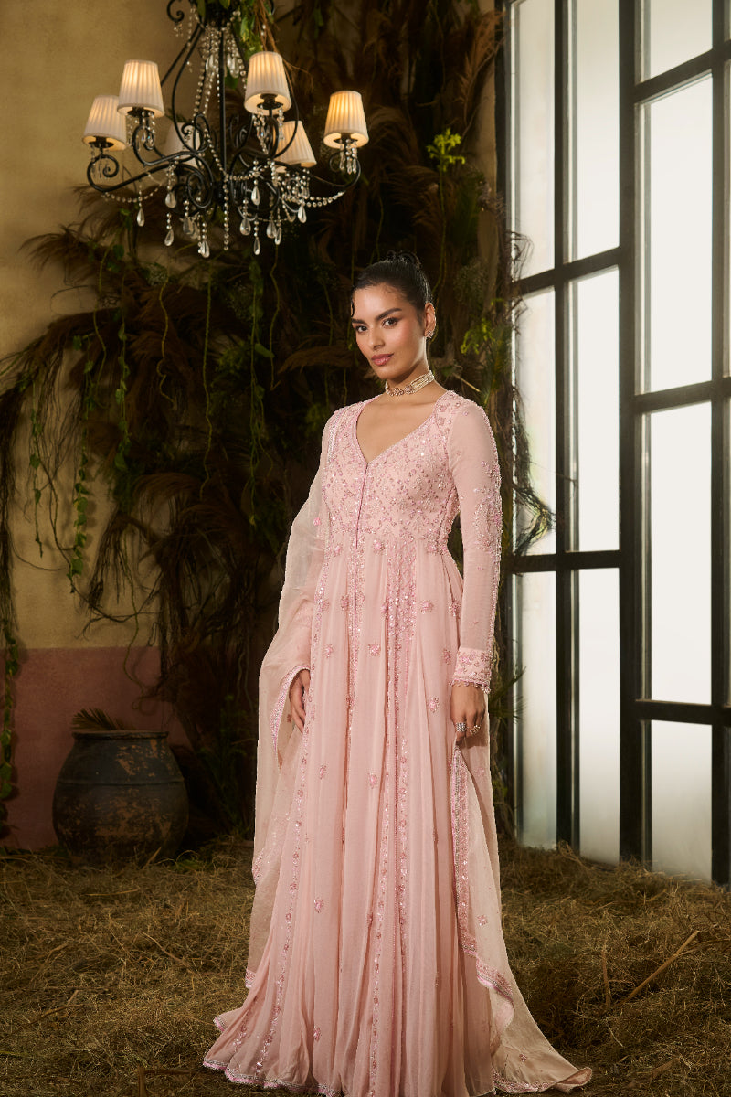 Pink Embroidered Anarkali, Dupatta, Pants