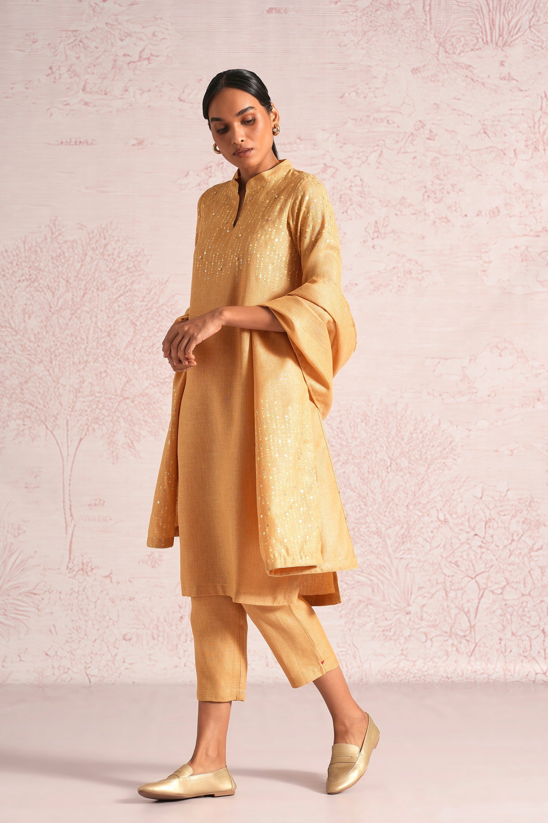 Shimmer Strings Kurta Set - Cashew