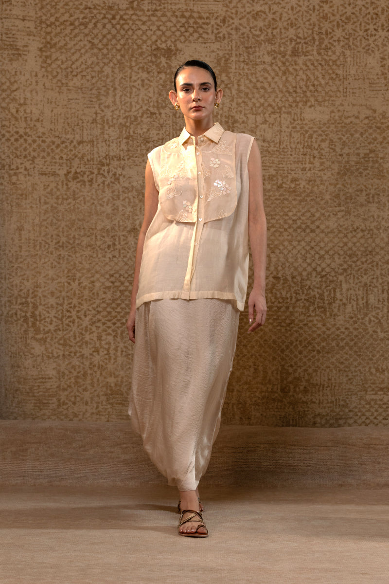 Taral Applique Yolk Shirt Skirt Set - Off-White