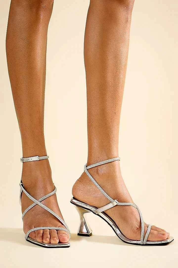 Silver Berry Open Toe Heels for Women in Faux Leather