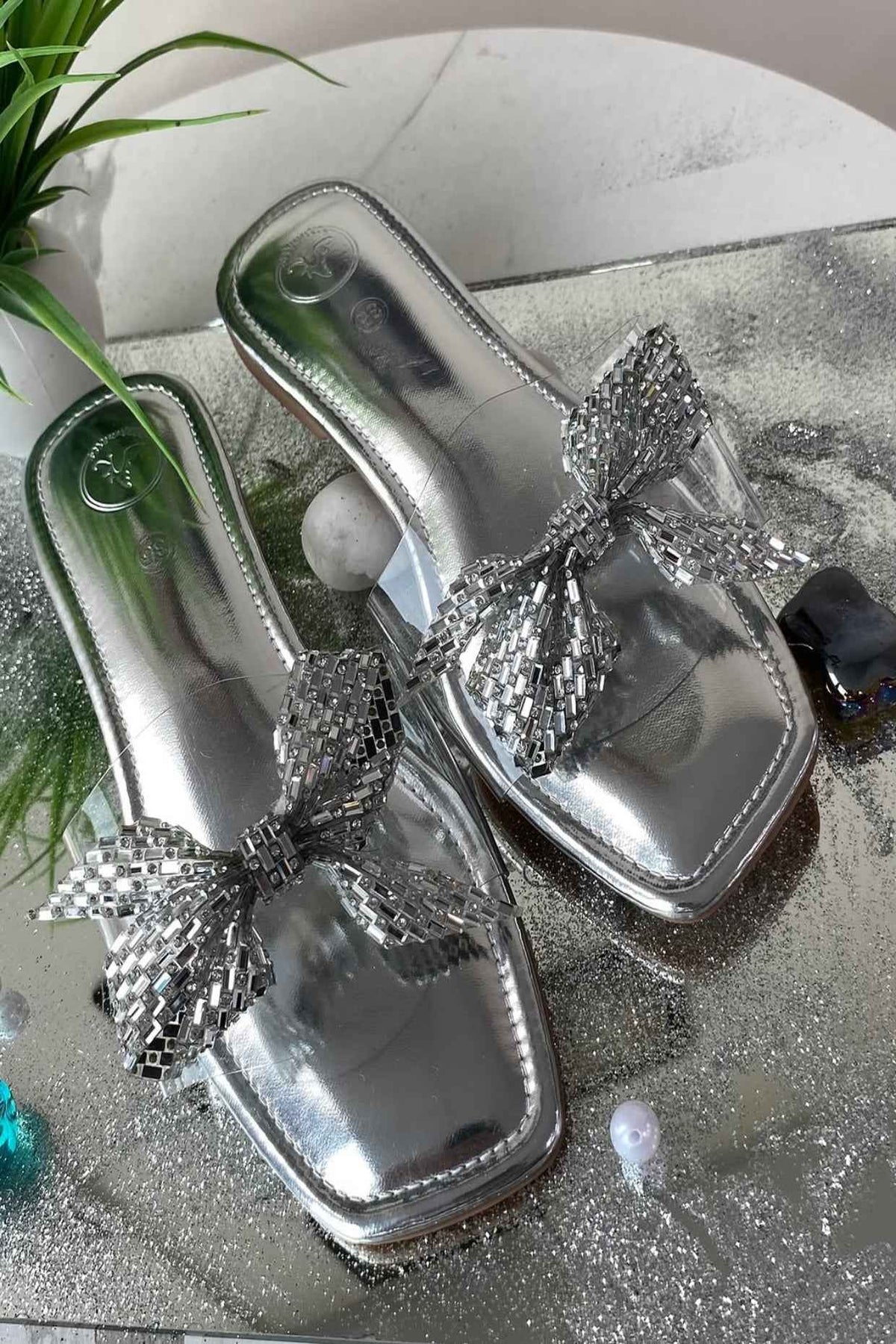 Silver Bow Silver Base Open Toe Flats