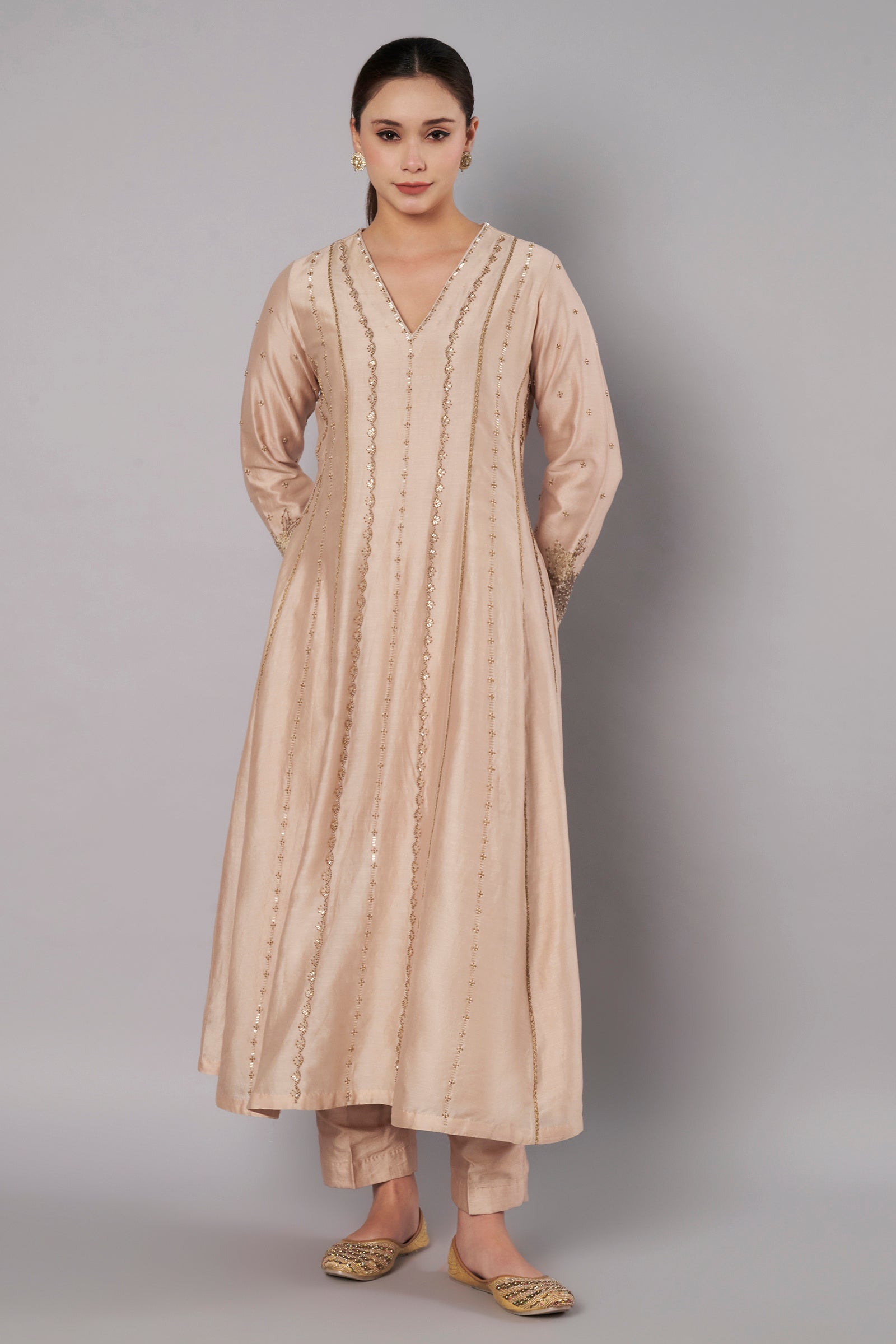 Spring Halo Anarkali Set - Champagne