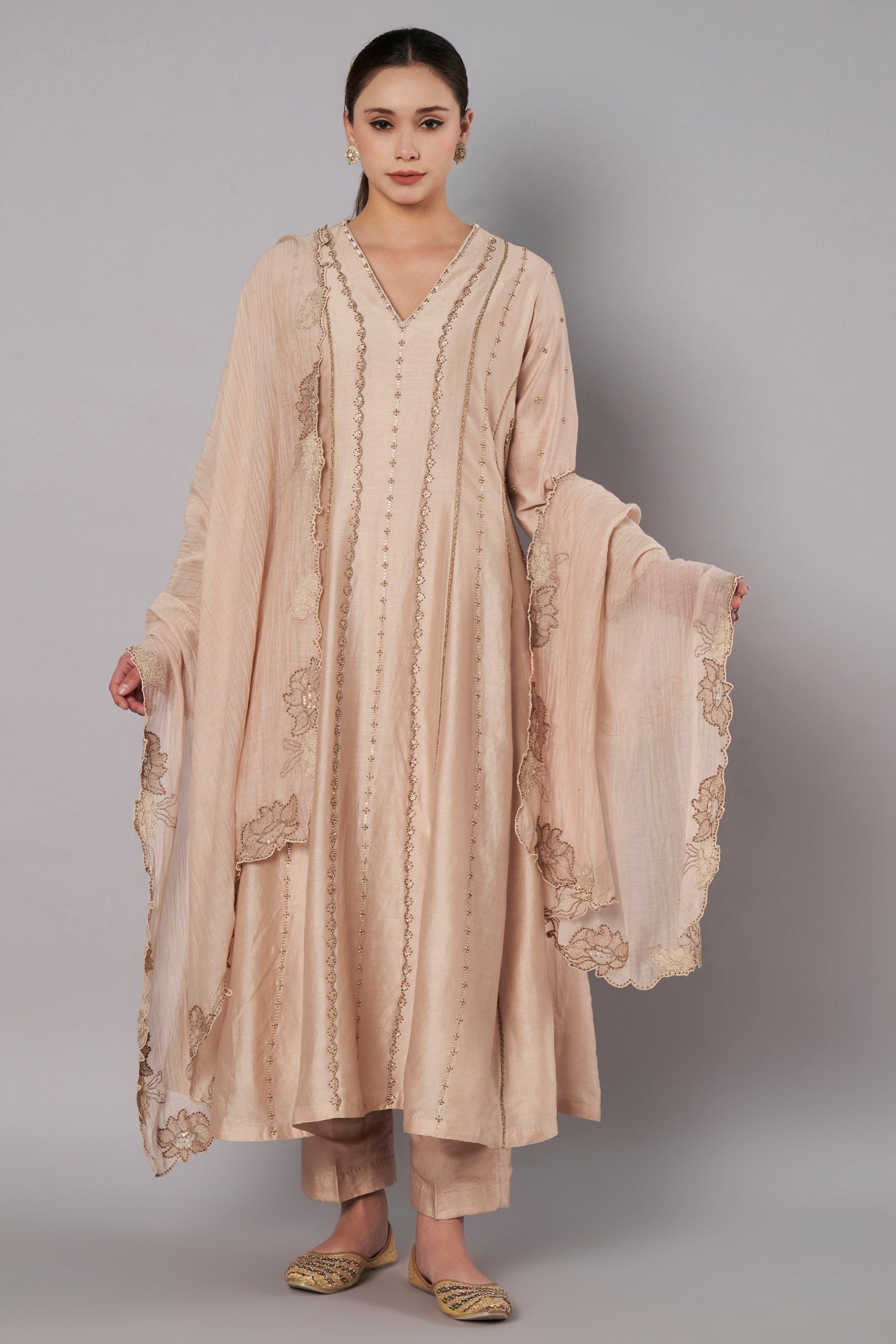 Spring Halo Anarkali Set - Champagne