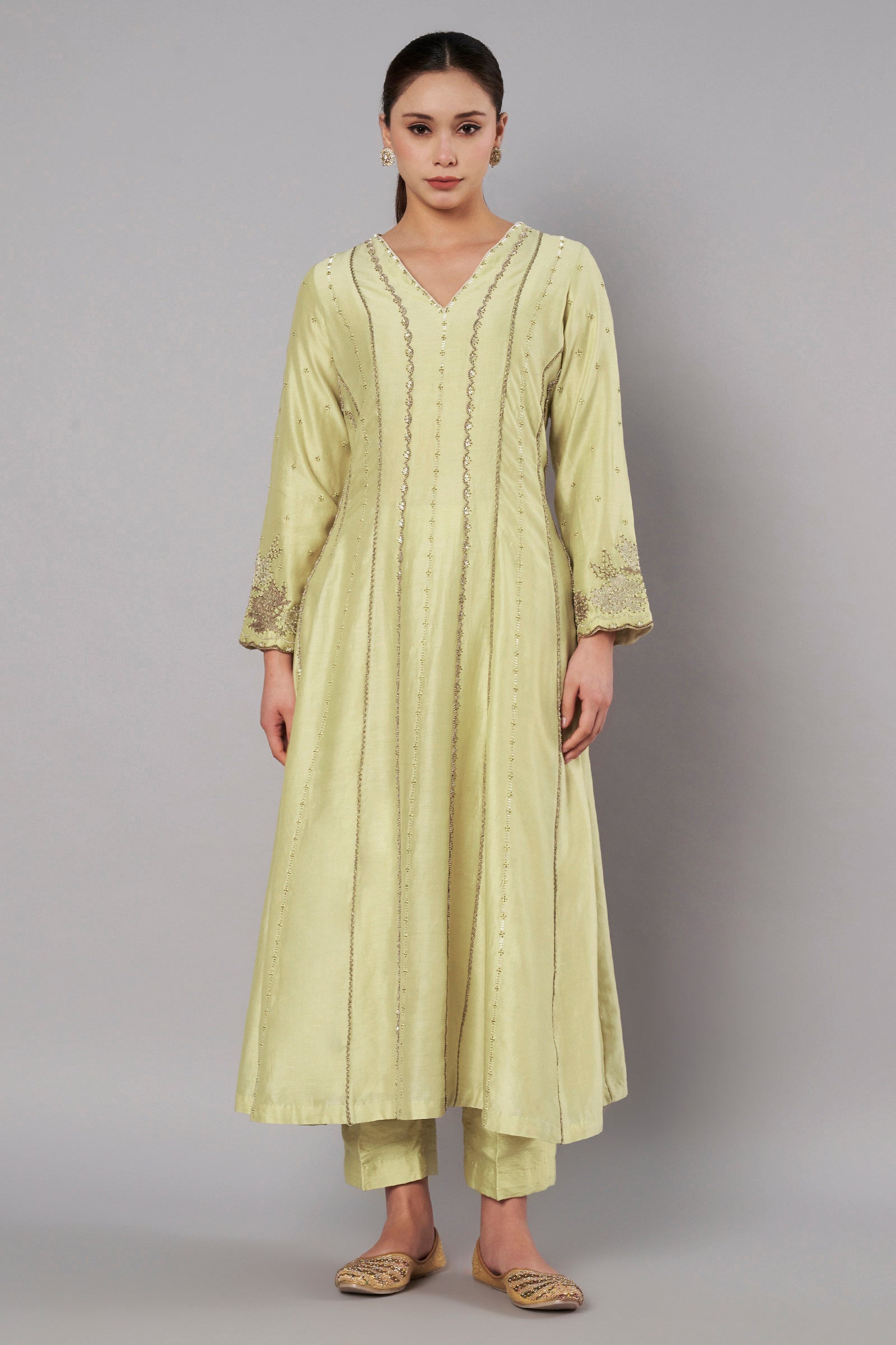 Spring Halo Anarkali Set - Soft Lime