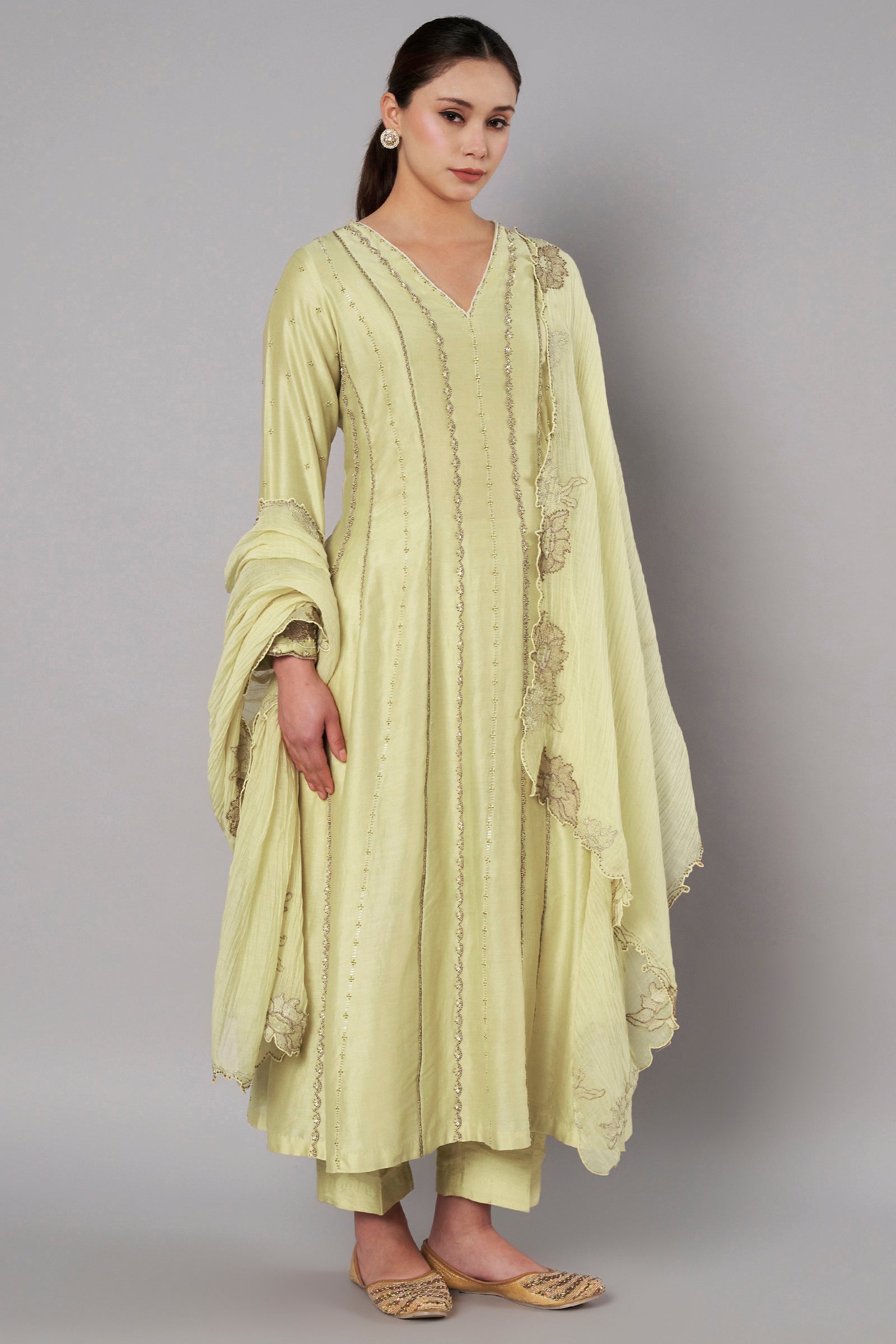 Spring Halo Anarkali Set - Soft Lime