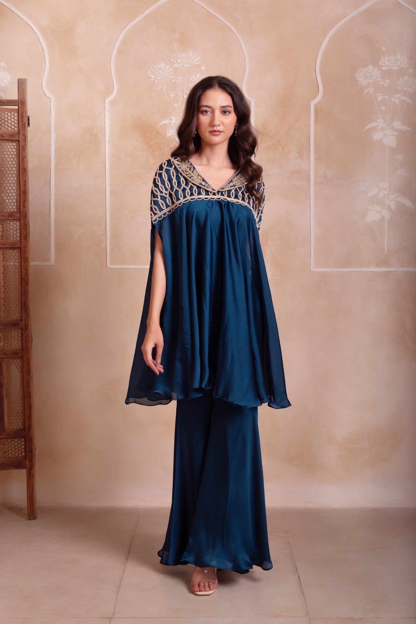 Teal Blue Satin Handwork Co-ord Set