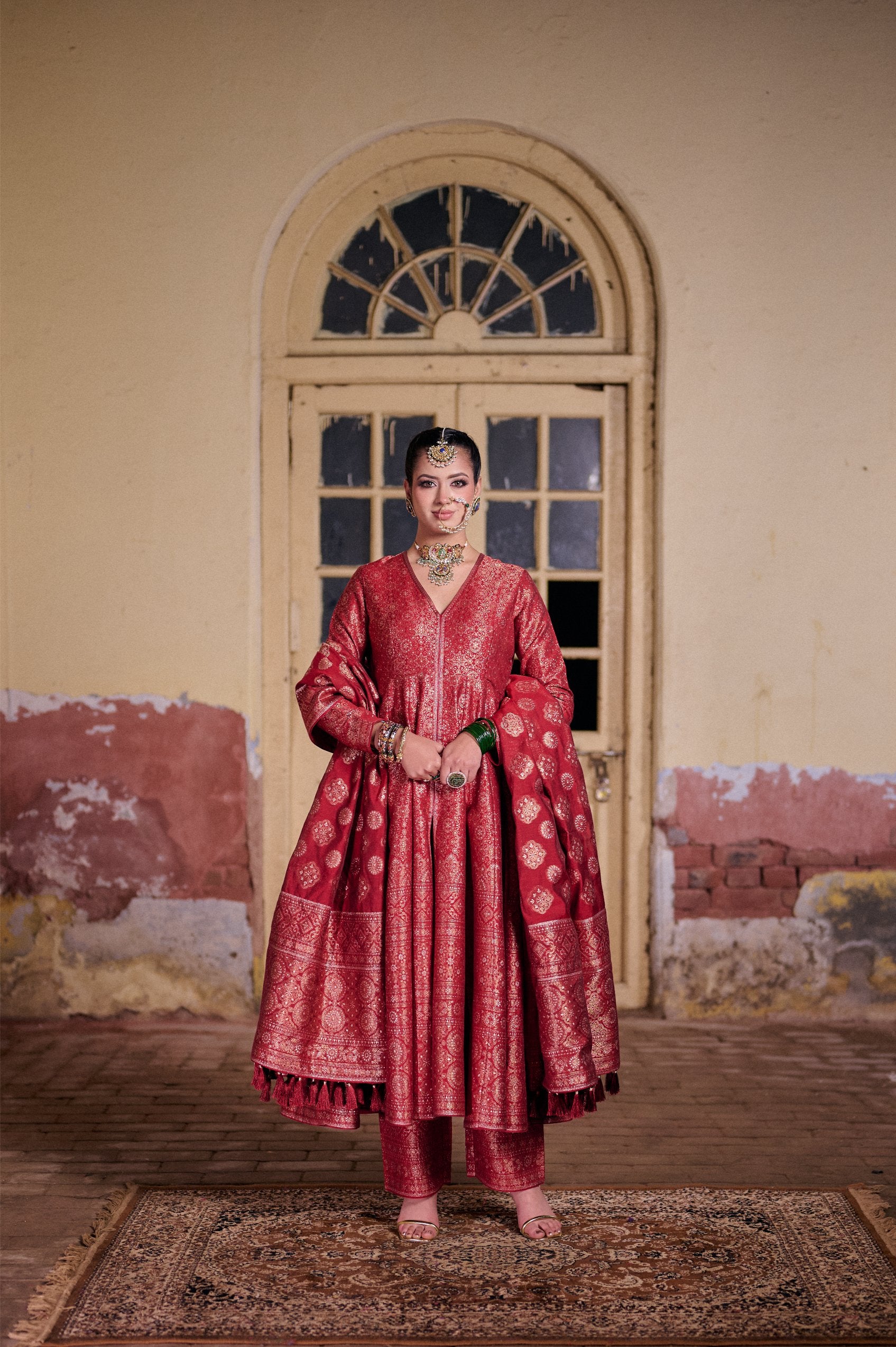RED ANARKALI AJRAKH WEAVE VEGAL SILK