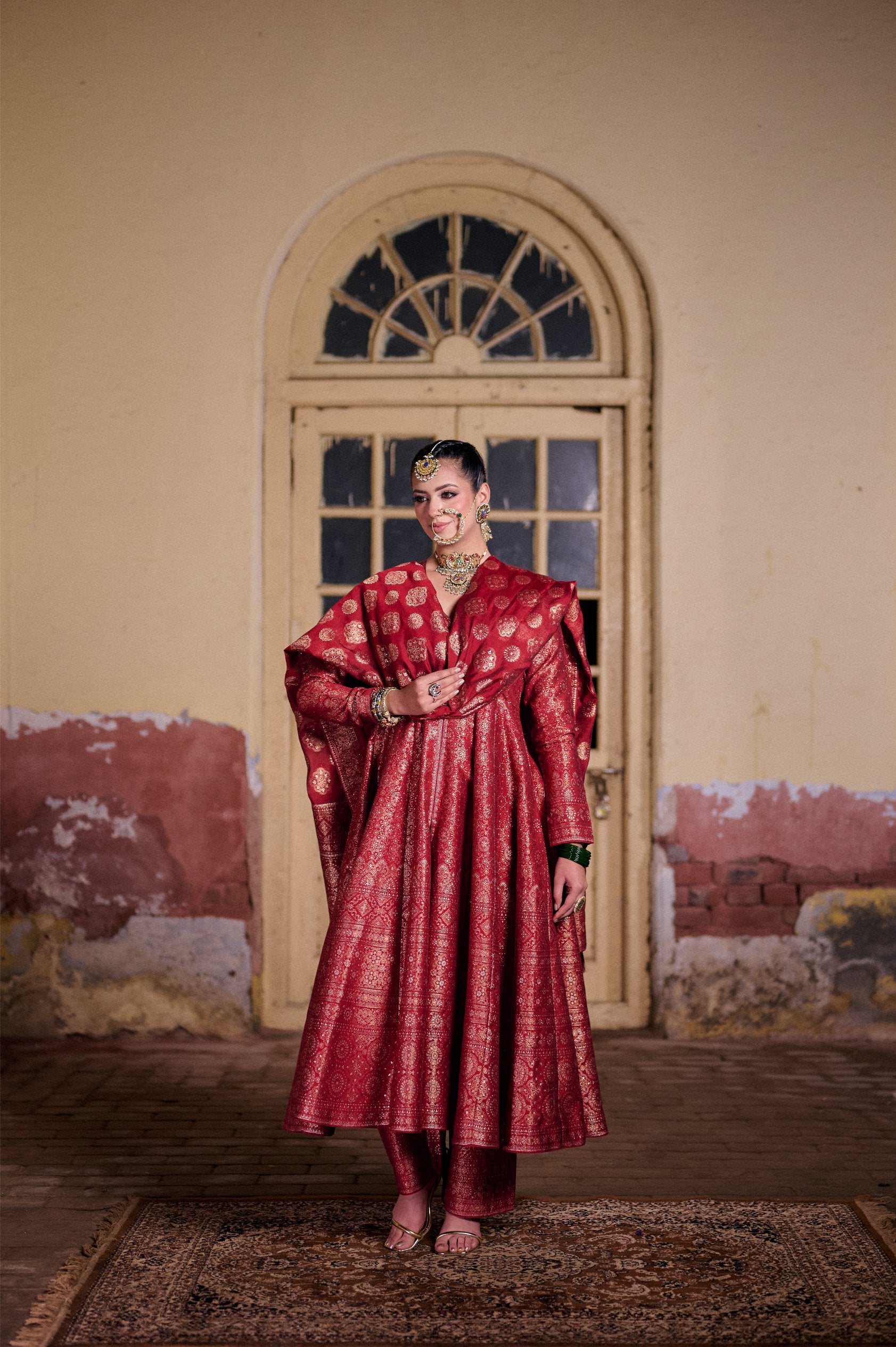 RED ANARKALI AJRAKH WEAVE VEGAL SILK