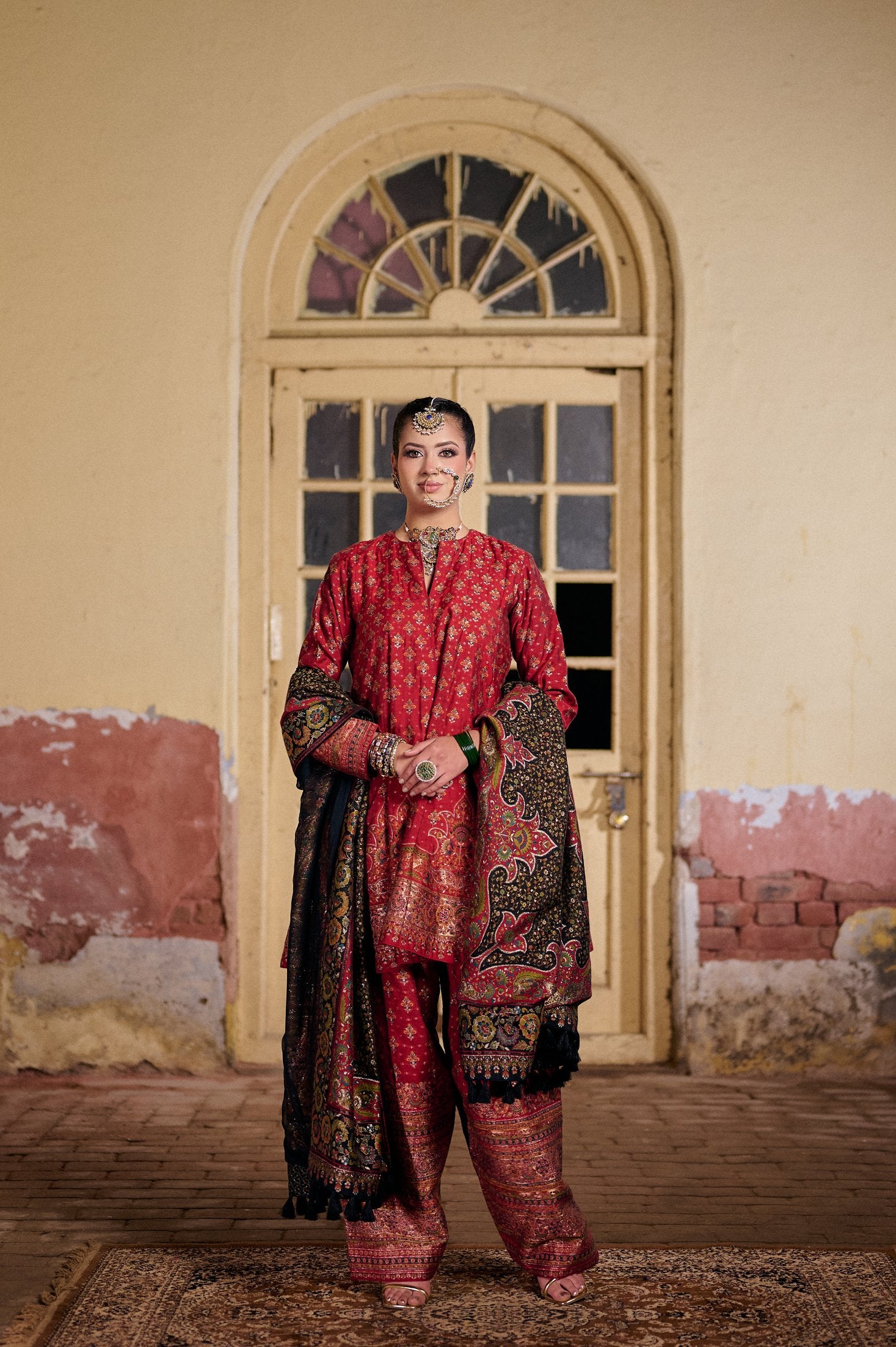 RED SHORT KURTA MOONGA SILK FARSHI SALWAR