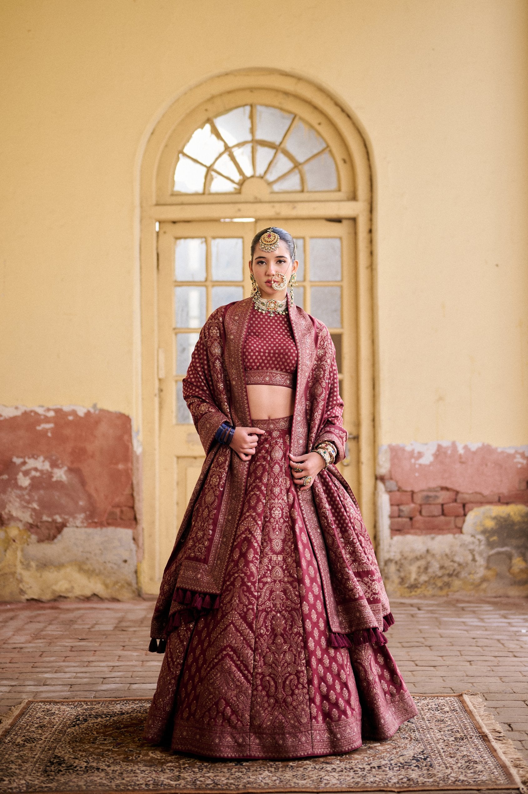 MAROON VEGAN SILK LEHENGA KALIS PATTERN