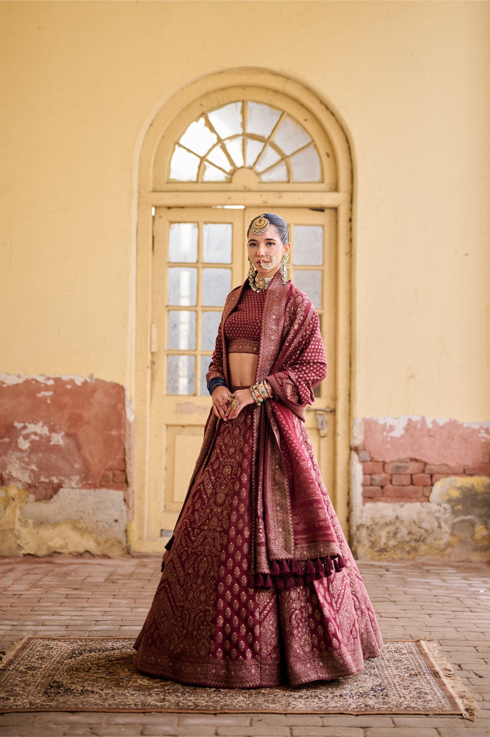 MAROON VEGAN SILK LEHENGA KALIS PATTERN
