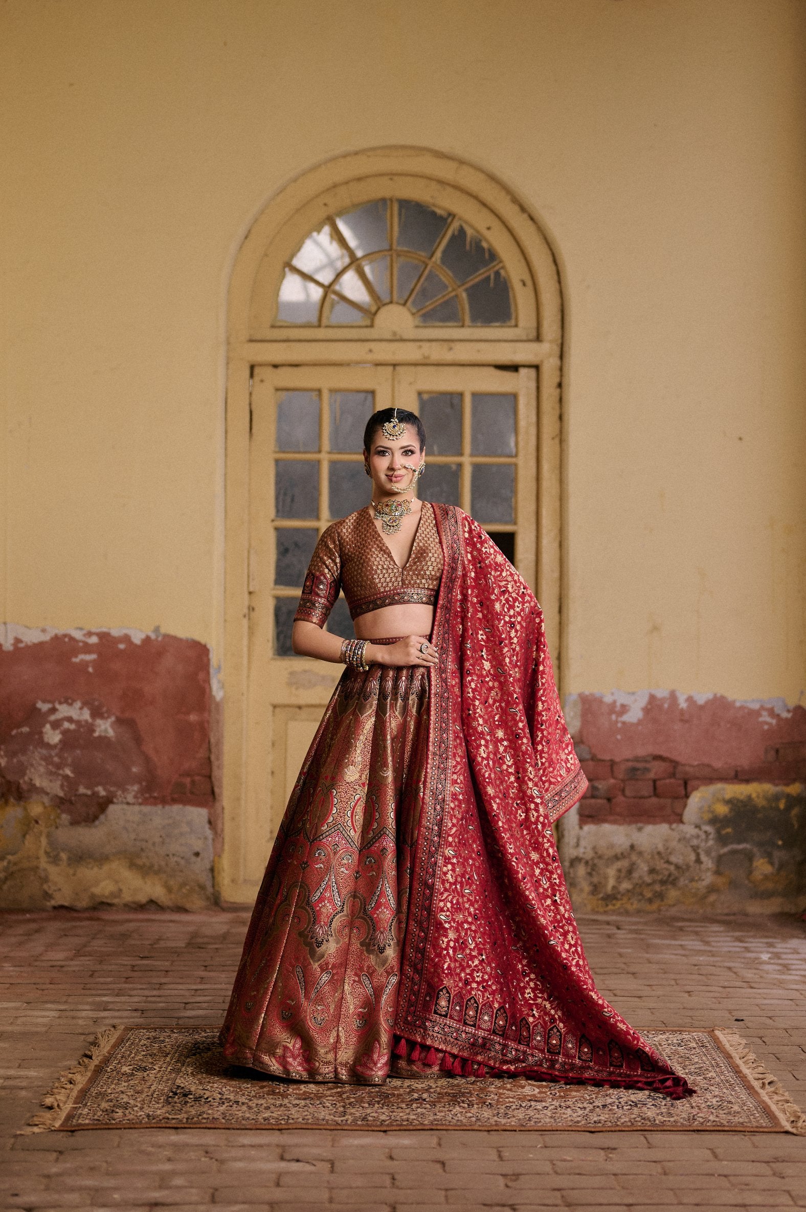 BROWN MOONGA SILK LEHENGA FLORAL DUPATTA