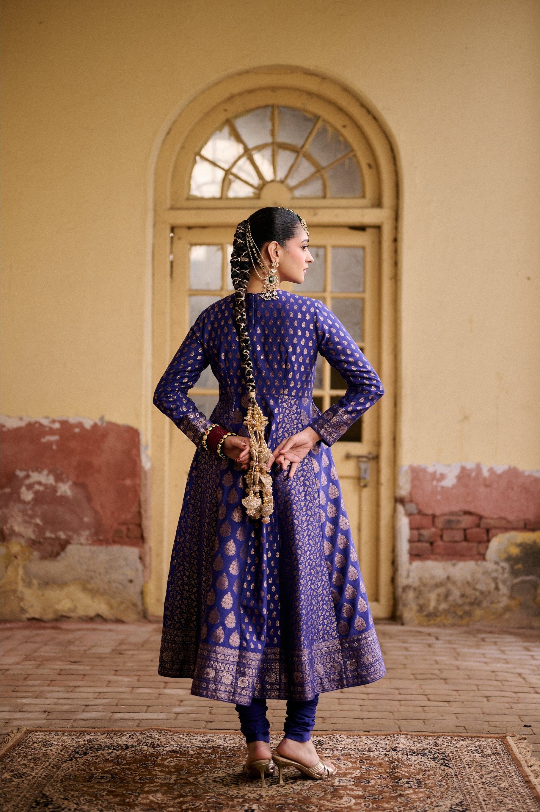 BLUE YOG ANARKALI MOTIFS VEGAN SILK