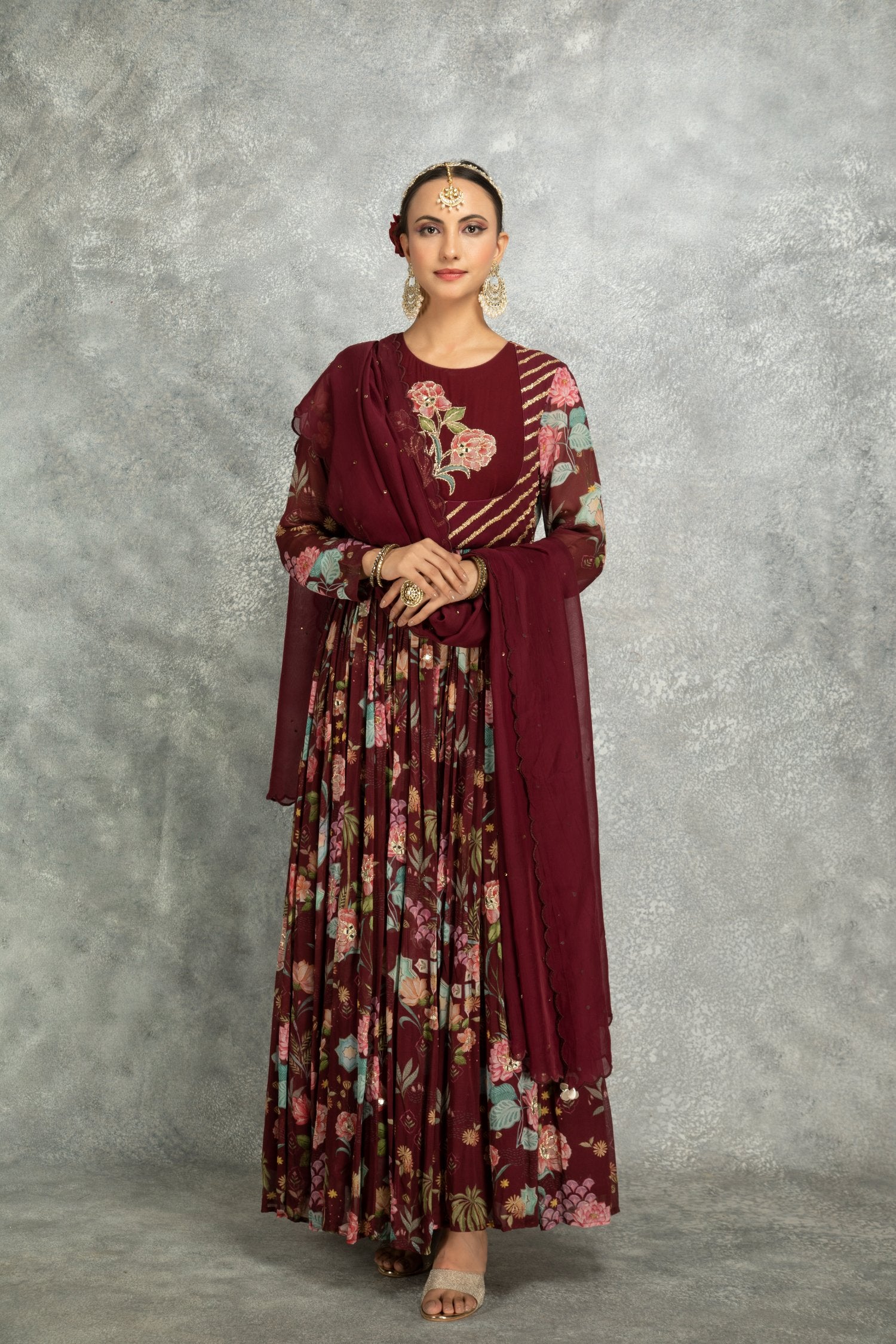 Old Wine Mirror Work Anarkali With Scalloping Dupatta