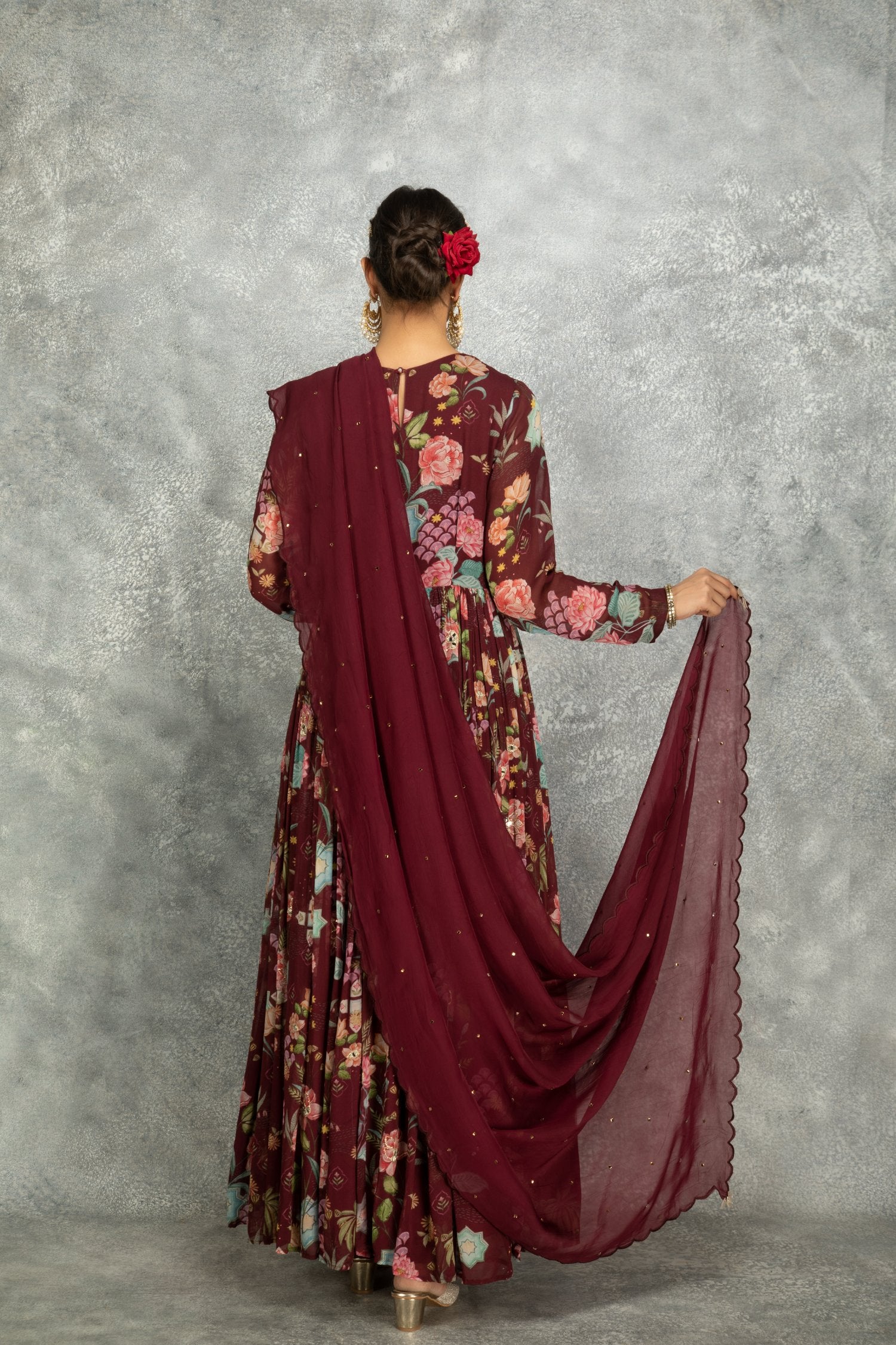Old Wine Mirror Work Anarkali With Scalloping Dupatta