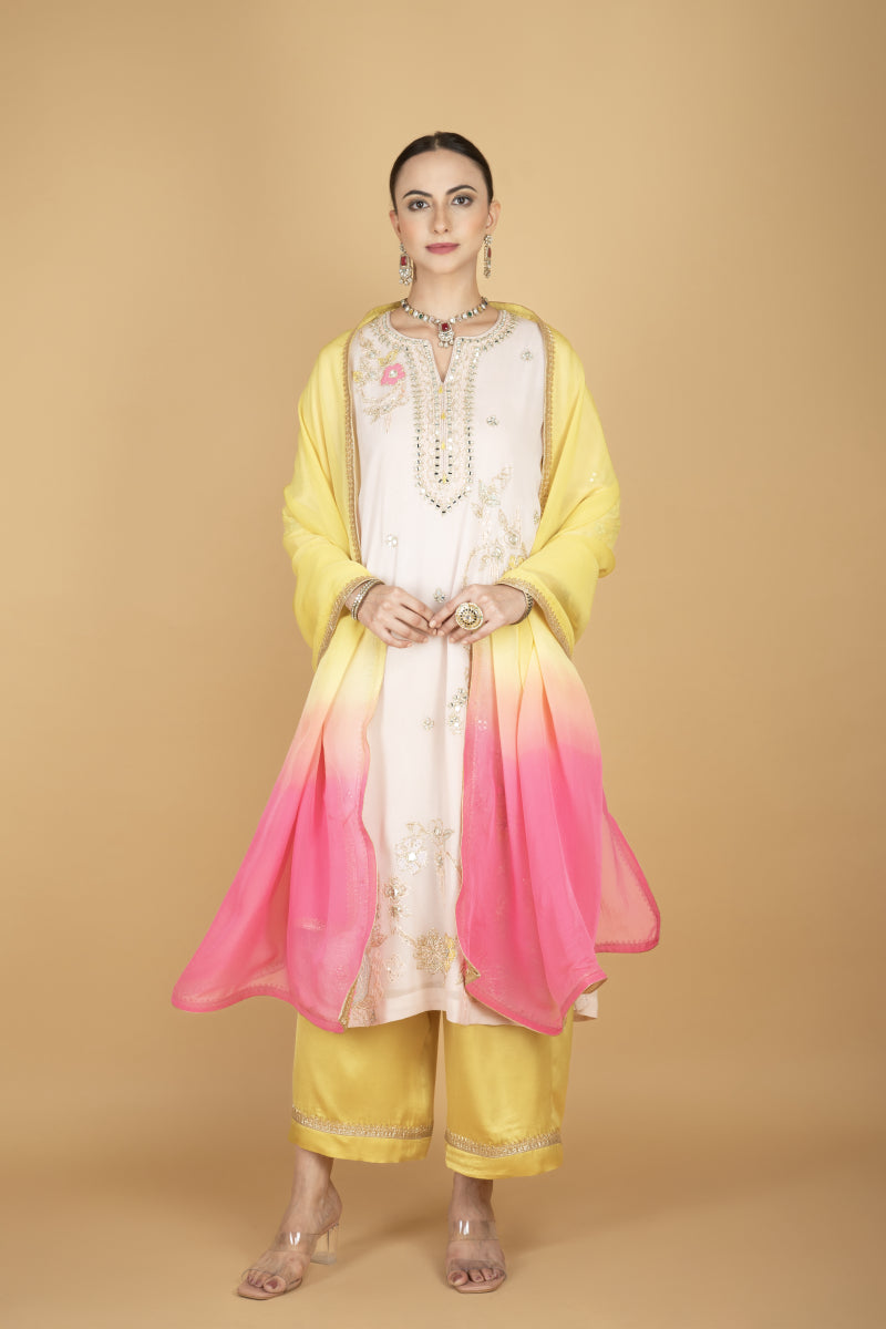 Ivory Embroidered Kurta W/Contrasting Pant & Shaded Dupatta