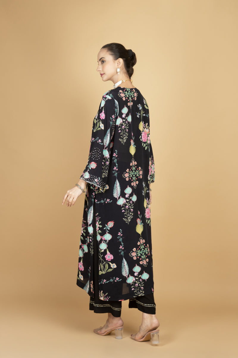 Black Floral Printed Sequin Embroidery Kurta with Pant & Dupatta Set