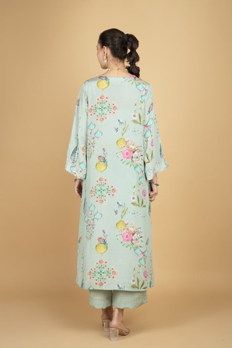 Green Floral Printed Sequin Embroidery Kurta with Pant & Dupatta Set