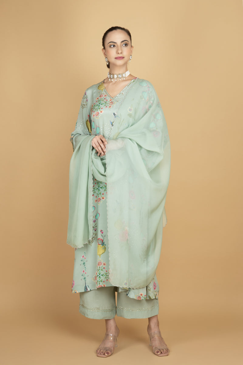 Green Floral Printed Sequin Embroidery Kurta with Pant & Dupatta Set