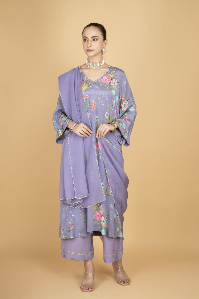 Purple Floral Printed Sequin Embroidery Kurta with Pant & Dupatta Set