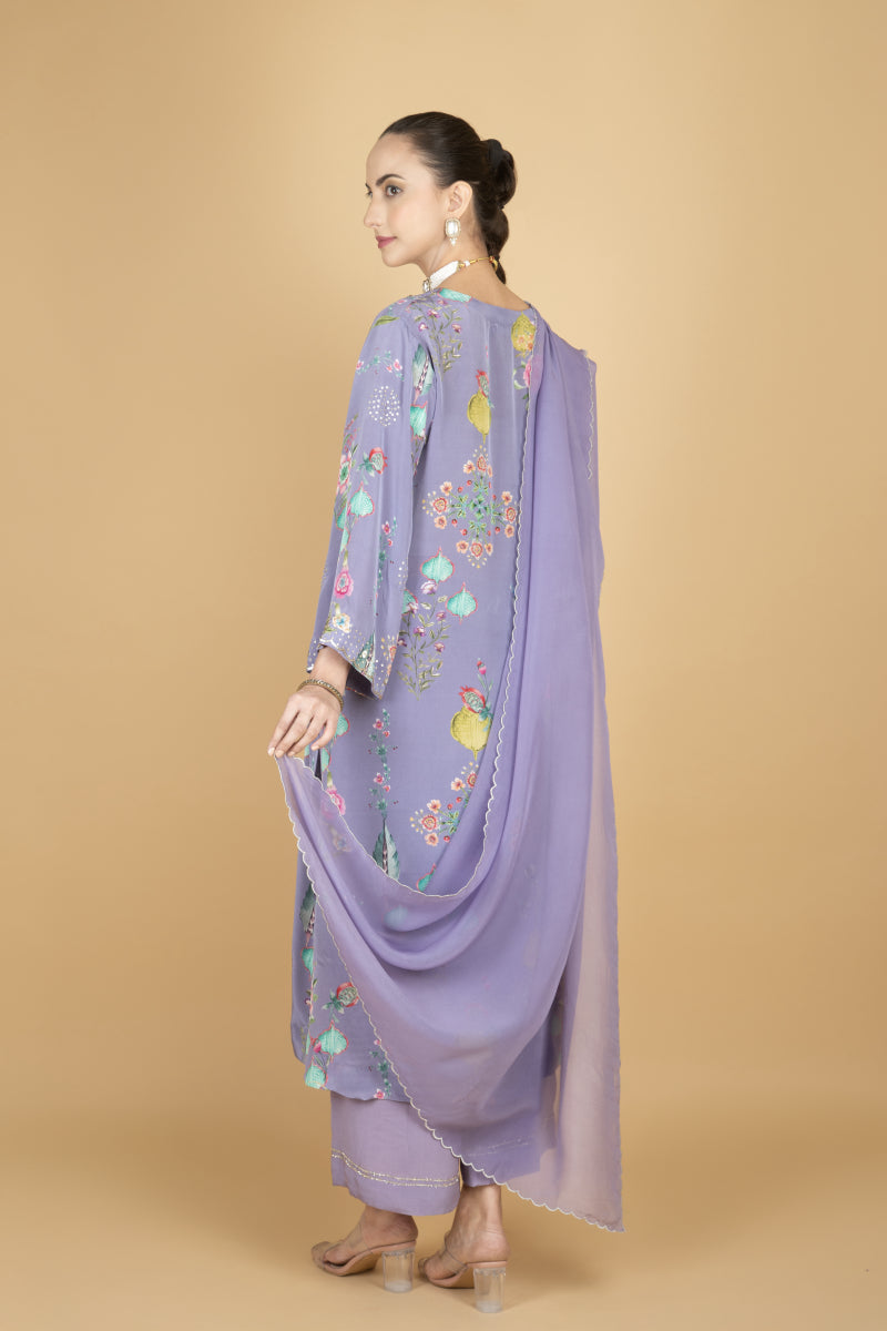 Purple Floral Printed Sequin Embroidery Kurta with Pant & Dupatta Set