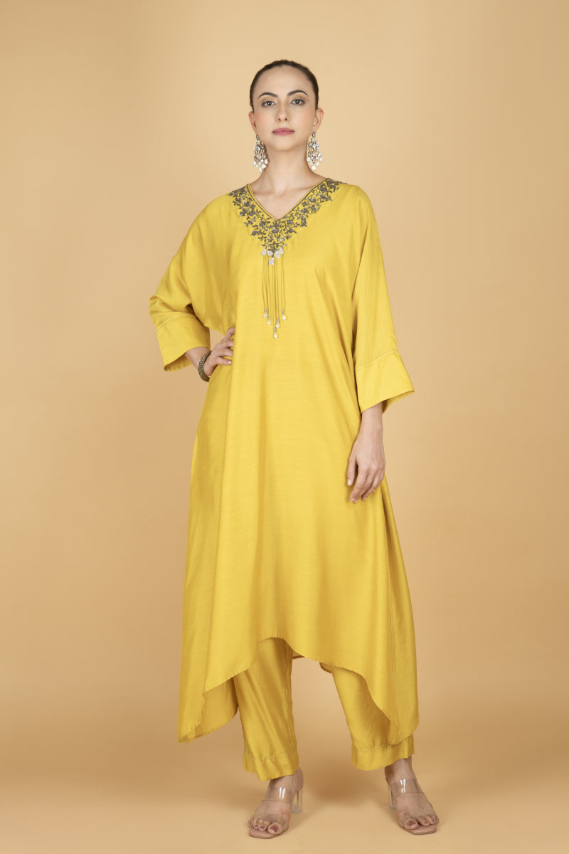 Lime Yellow Hand Embroidered Kaftaan Kurta W/Pants