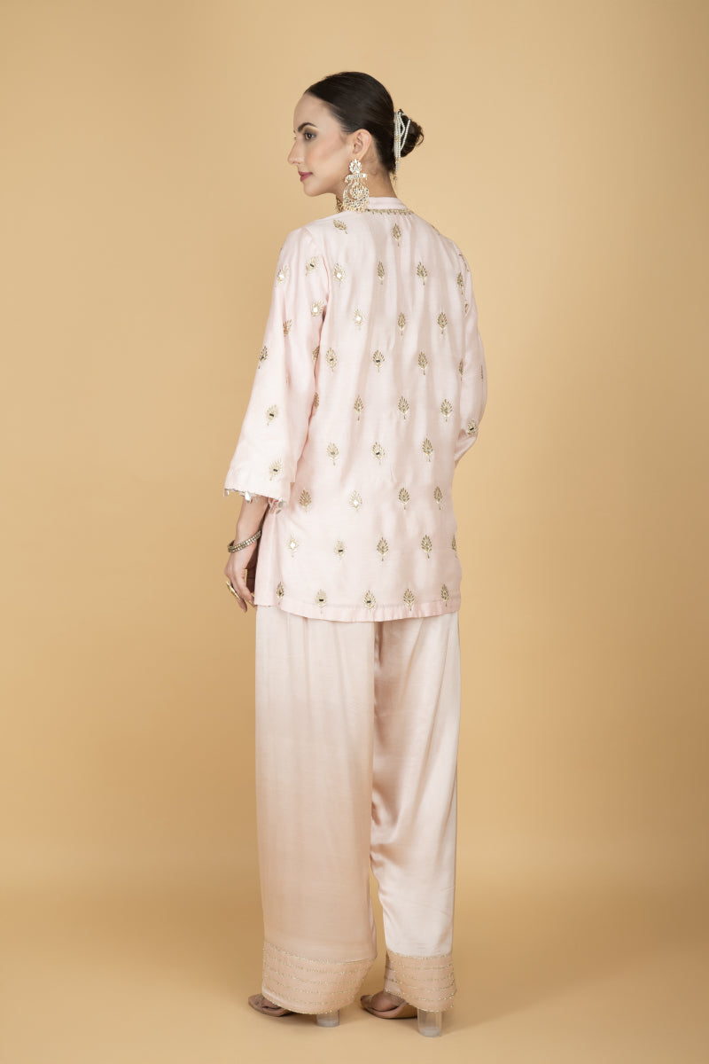 Nude Pink Mirror Butti Embroidered Short Kurta with Farsi Salwar & Printed Dupatta