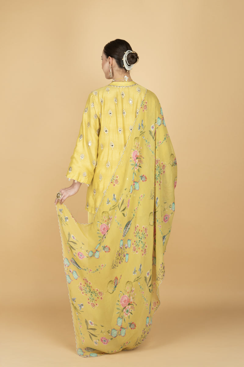 Lime Yellow Mirror Butti Embroidered Short Kurta with Farsi Salwar & Printed Dupatta